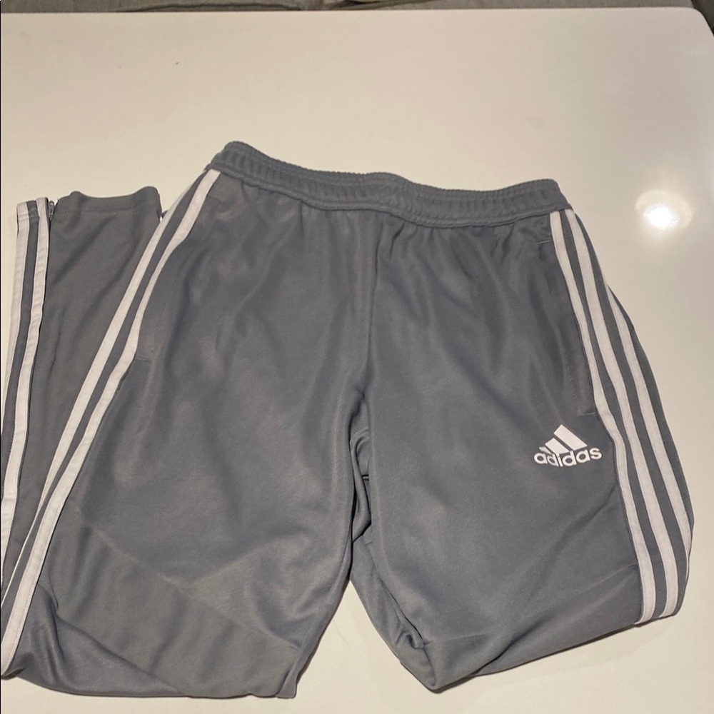 Adidas Men’s Gray Joggers with White Stripes Zippered pockets Zippered Pant Legs